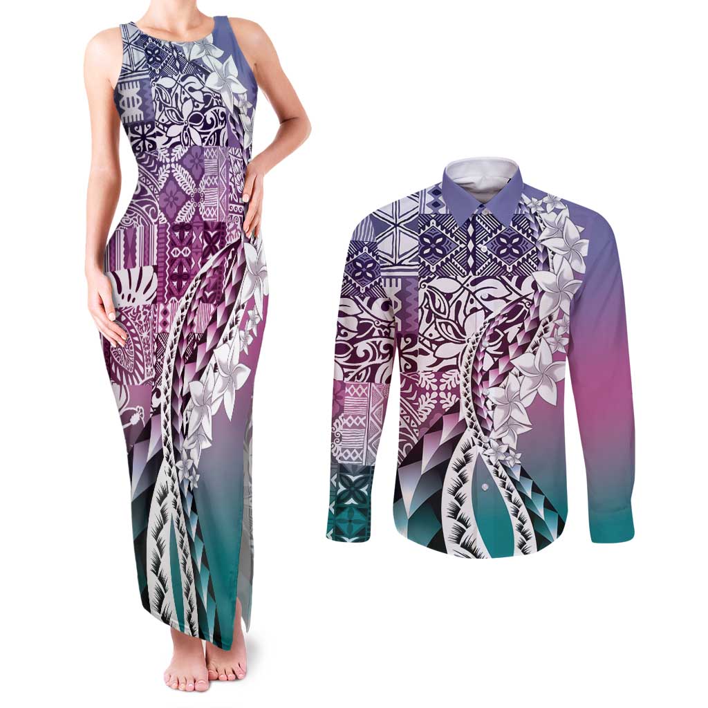 Aloha Vintage Plumeria Hawaiian Tapa Pattern Couples Matching Tank Maxi Dress and Long Sleeve Button Shirt Gradient Hawaiian Tapa Pattern - Polynesian Pride