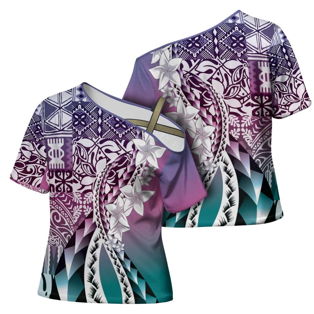 Aloha Vintage Plumeria Hawaiian Tapa Pattern Cross Shoulder Shirt Gradient Hawaiian Tapa Pattern - Polynesian Pride