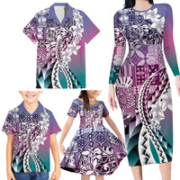 Aloha Vintage Plumeria Hawaiian Tapa Pattern Family Matching Long Sleeve Bodycon Dress and Hawaiian Shirt Gradient Hawaiian Tapa Pattern - Polynesian Pride
