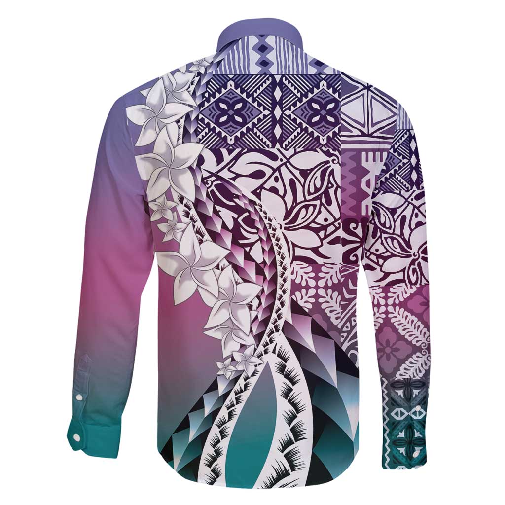 Aloha Vintage Plumeria Hawaiian Tapa Pattern Family Matching Long Sleeve Bodycon Dress and Hawaiian Shirt Gradient Hawaiian Tapa Pattern - Polynesian Pride