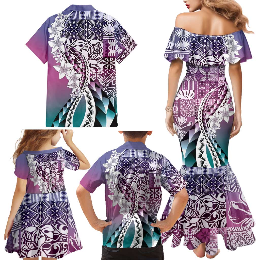 Aloha Vintage Plumeria Hawaiian Tapa Pattern Family Matching Mermaid Dress and Hawaiian Shirt Gradient Hawaiian Tapa Pattern - Polynesian Pride
