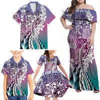 Aloha Vintage Plumeria Hawaiian Tapa Pattern Family Matching Off Shoulder Maxi Dress and Hawaiian Shirt Gradient Hawaiian Tapa Pattern - Polynesian Pride