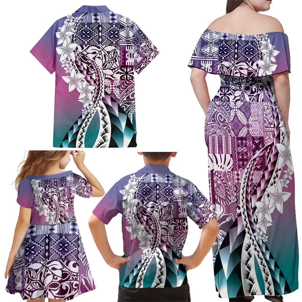 Aloha Vintage Plumeria Hawaiian Tapa Pattern Family Matching Off Shoulder Maxi Dress and Hawaiian Shirt Gradient Hawaiian Tapa Pattern - Polynesian Pride