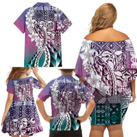 Aloha Vintage Plumeria Hawaiian Tapa Pattern Family Matching Off Shoulder Short Dress and Hawaiian Shirt Gradient Hawaiian Tapa Pattern - Polynesian Pride