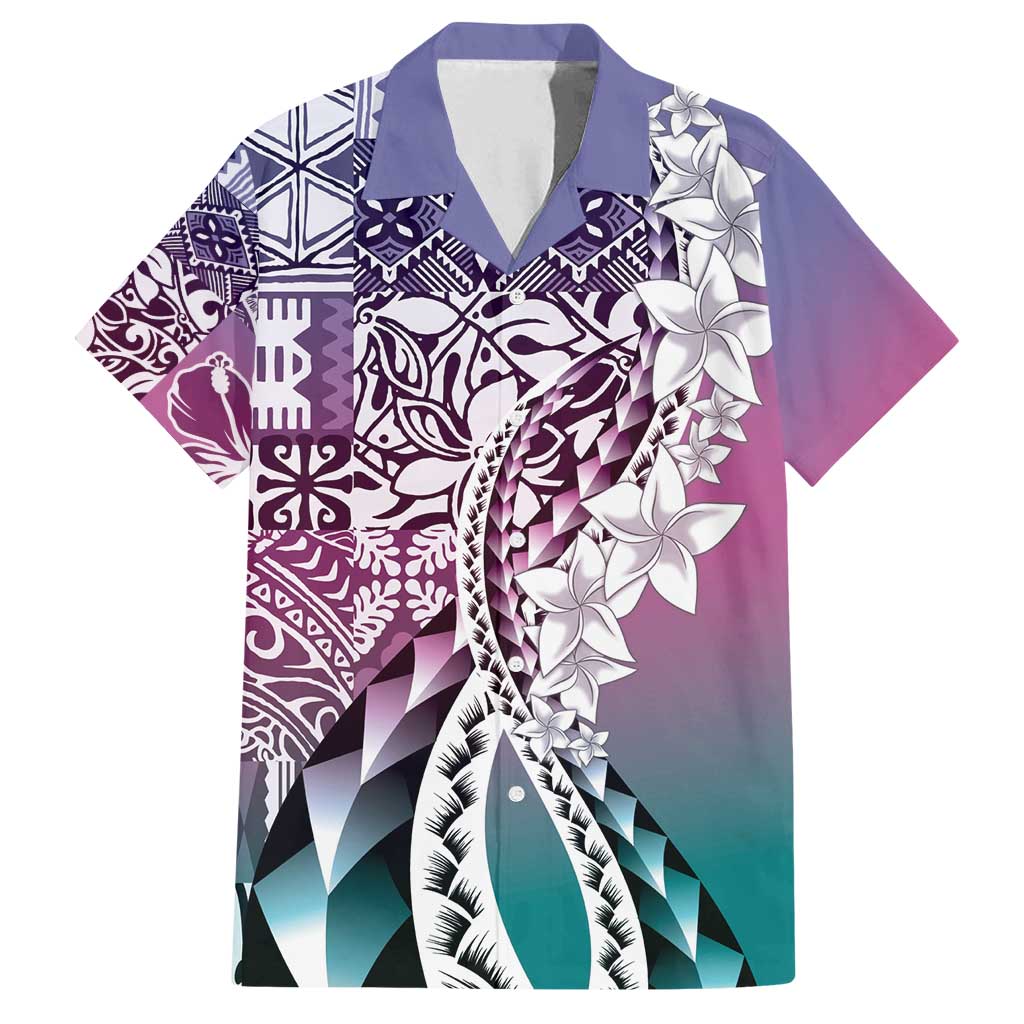 Aloha Vintage Plumeria Hawaiian Tapa Pattern Family Matching Off Shoulder Short Dress and Hawaiian Shirt Gradient Hawaiian Tapa Pattern - Polynesian Pride