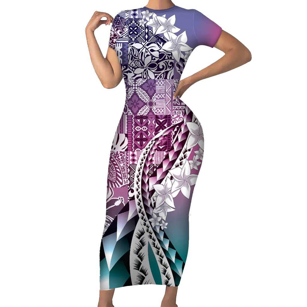 Aloha Vintage Plumeria Hawaiian Tapa Pattern Short Sleeve Bodycon Dress Gradient Hawaiian Tapa Pattern - Polynesian Pride