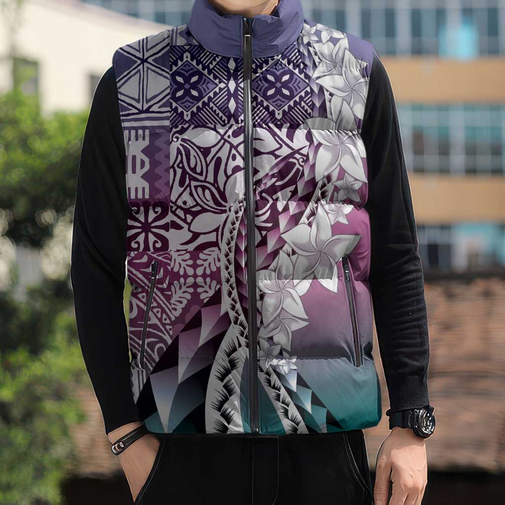 Aloha Vintage Plumeria Hawaiian Tapa Pattern Sleeveless Puffer Jacket Gradient Hawaiian Tapa Pattern - Polynesian Pride