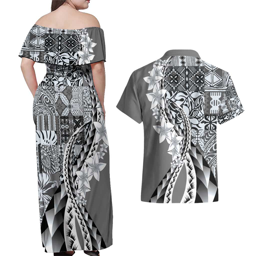 Aloha Vintage Plumeria Hawaiian Tapa Pattern Couples Matching Off Shoulder Maxi Dress and Hawaiian Shirt Gray Hawaiian Tapa Pattern - Polynesian Pride