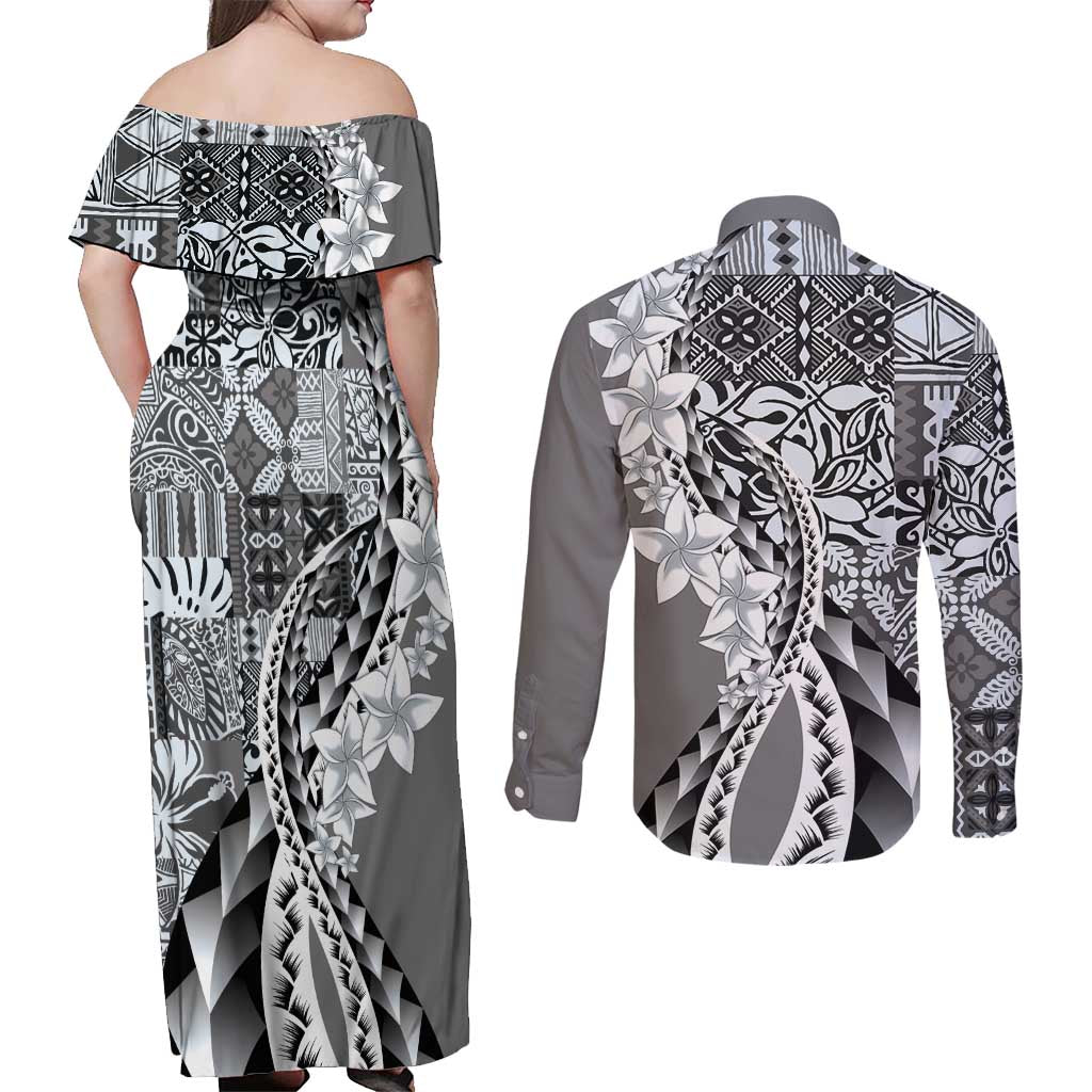 Aloha Vintage Plumeria Hawaiian Tapa Pattern Couples Matching Off Shoulder Maxi Dress and Long Sleeve Button Shirt Gray Hawaiian Tapa Pattern - Polynesian Pride