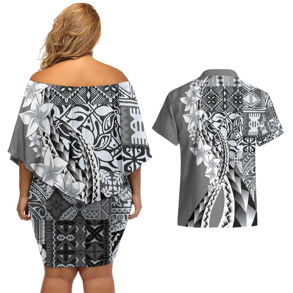 Aloha Vintage Plumeria Hawaiian Tapa Pattern Couples Matching Off Shoulder Short Dress and Hawaiian Shirt Gray Hawaiian Tapa Pattern - Polynesian Pride