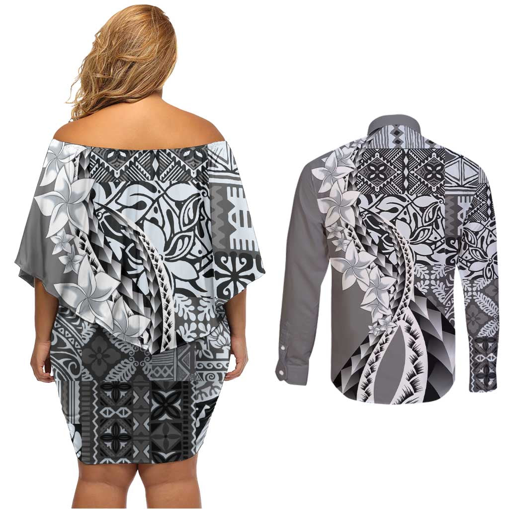 Aloha Vintage Plumeria Hawaiian Tapa Pattern Couples Matching Off Shoulder Short Dress and Long Sleeve Button Shirt Gray Hawaiian Tapa Pattern - Polynesian Pride