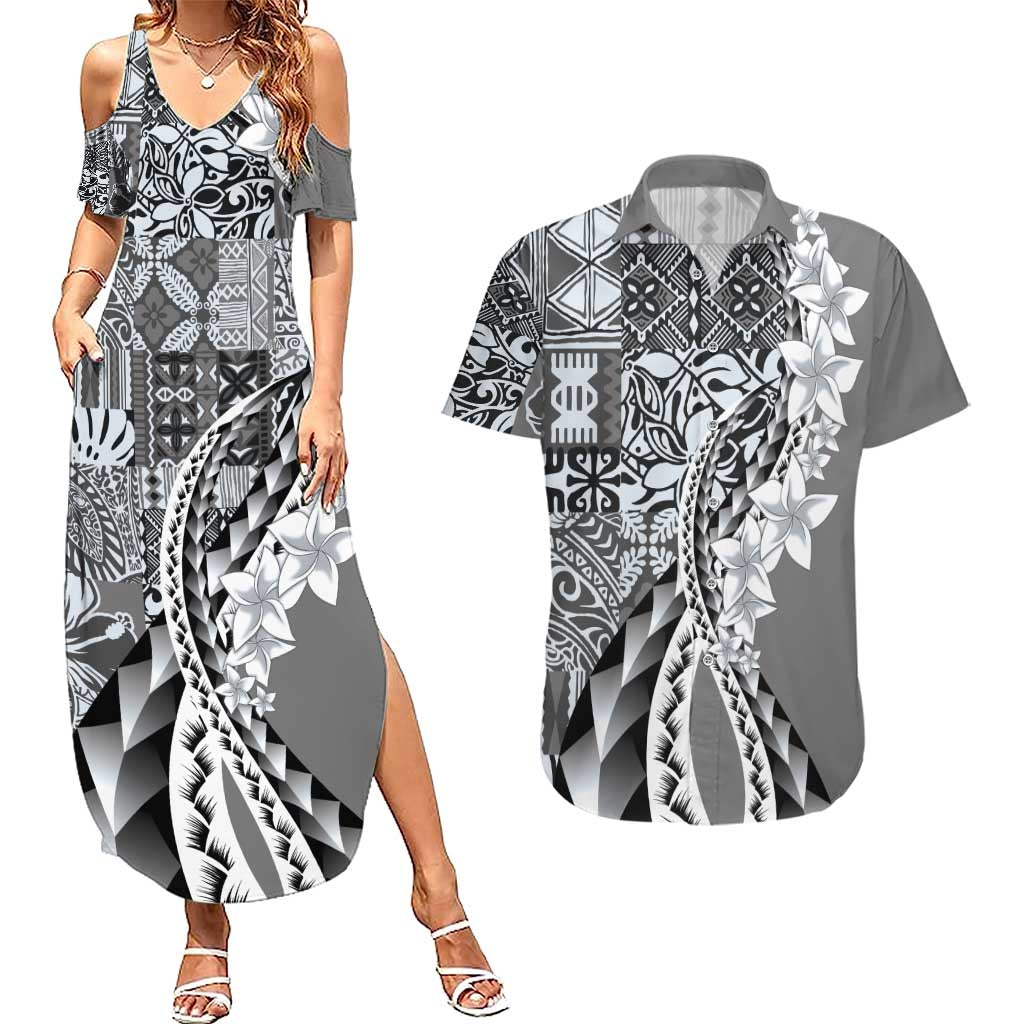 Aloha Vintage Plumeria Hawaiian Tapa Pattern Couples Matching Summer Maxi Dress and Hawaiian Shirt Gray Hawaiian Tapa Pattern - Polynesian Pride
