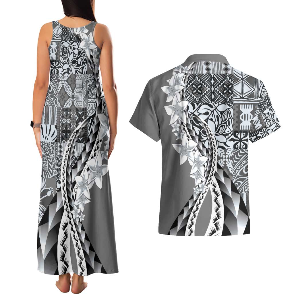 Aloha Vintage Plumeria Hawaiian Tapa Pattern Couples Matching Tank Maxi Dress and Hawaiian Shirt Gray Hawaiian Tapa Pattern - Polynesian Pride