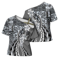 Aloha Vintage Plumeria Hawaiian Tapa Pattern Cross Shoulder Shirt Gray Hawaiian Tapa Pattern - Polynesian Pride