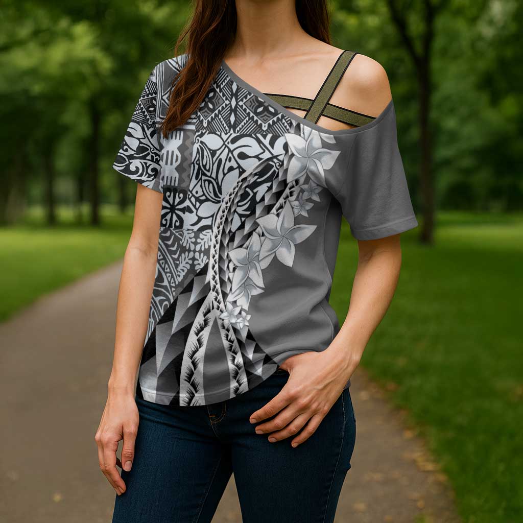 Aloha Vintage Plumeria Hawaiian Tapa Pattern Cross Shoulder Shirt Gray Hawaiian Tapa Pattern - Polynesian Pride