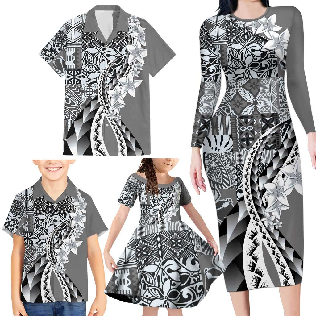 Aloha Vintage Plumeria Hawaiian Tapa Pattern Family Matching Long Sleeve Bodycon Dress and Hawaiian Shirt Gray Hawaiian Tapa Pattern - Polynesian Pride