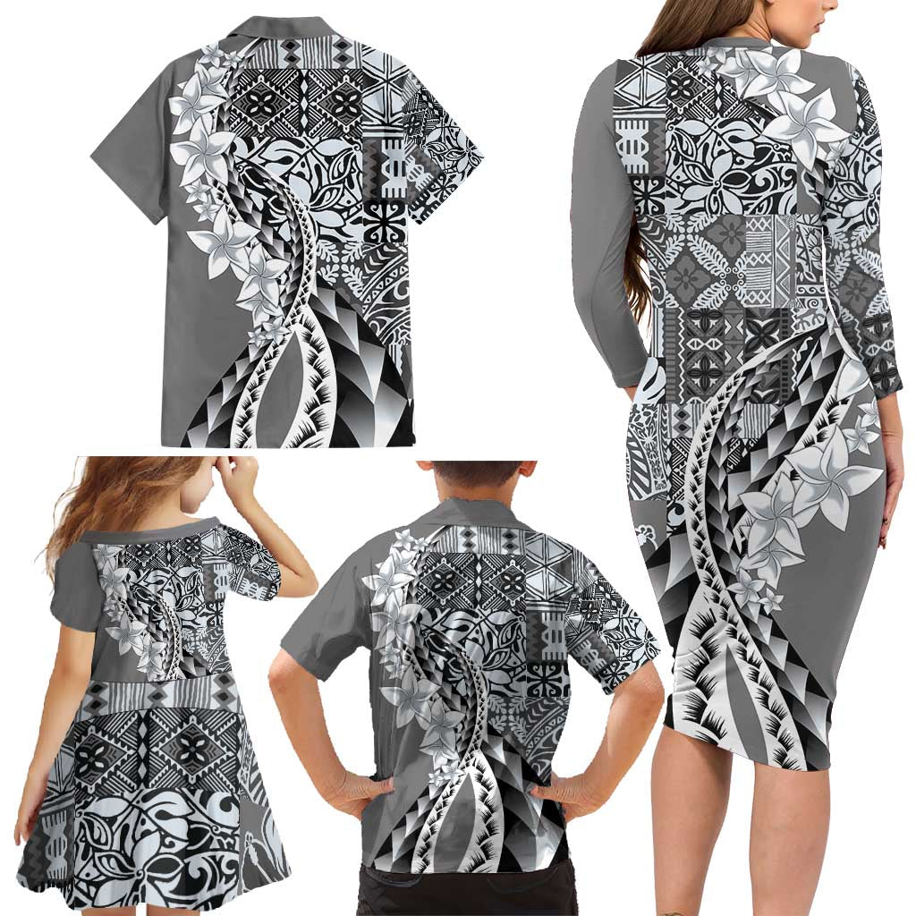 Aloha Vintage Plumeria Hawaiian Tapa Pattern Family Matching Long Sleeve Bodycon Dress and Hawaiian Shirt Gray Hawaiian Tapa Pattern - Polynesian Pride