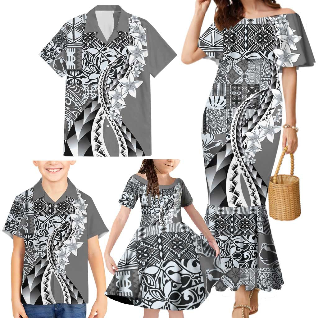 Aloha Vintage Plumeria Hawaiian Tapa Pattern Family Matching Mermaid Dress and Hawaiian Shirt Gray Hawaiian Tapa Pattern - Polynesian Pride