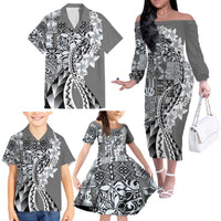 Aloha Vintage Plumeria Hawaiian Tapa Pattern Family Matching Off The Shoulder Long Sleeve Dress and Hawaiian Shirt Gray Hawaiian Tapa Pattern - Polynesian Pride