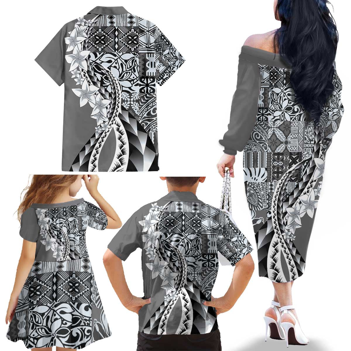 Aloha Vintage Plumeria Hawaiian Tapa Pattern Family Matching Off The Shoulder Long Sleeve Dress and Hawaiian Shirt Gray Hawaiian Tapa Pattern - Polynesian Pride