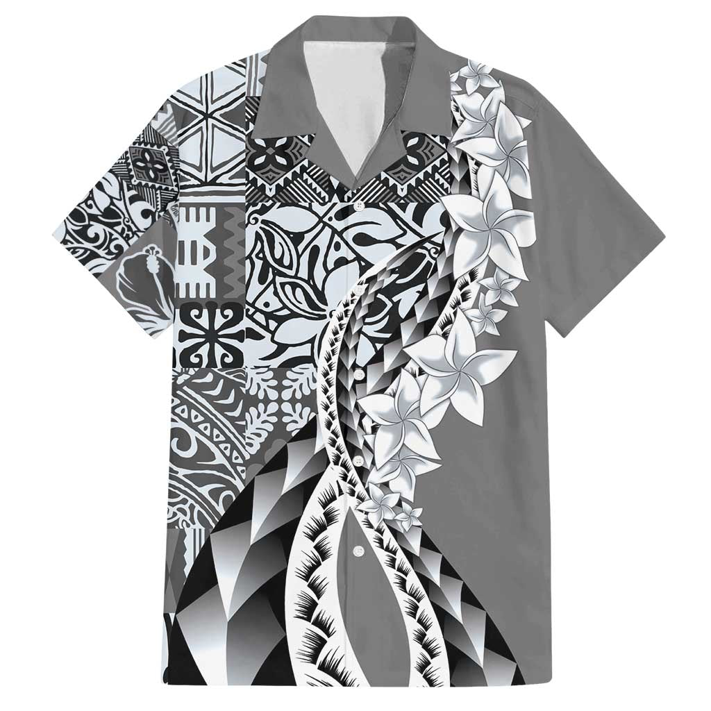 Aloha Vintage Plumeria Hawaiian Tapa Pattern Family Matching Off Shoulder Maxi Dress and Hawaiian Shirt Gray Hawaiian Tapa Pattern - Polynesian Pride