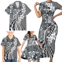 Aloha Vintage Plumeria Hawaiian Tapa Pattern Family Matching Short Sleeve Bodycon Dress and Hawaiian Shirt Gray Hawaiian Tapa Pattern - Polynesian Pride