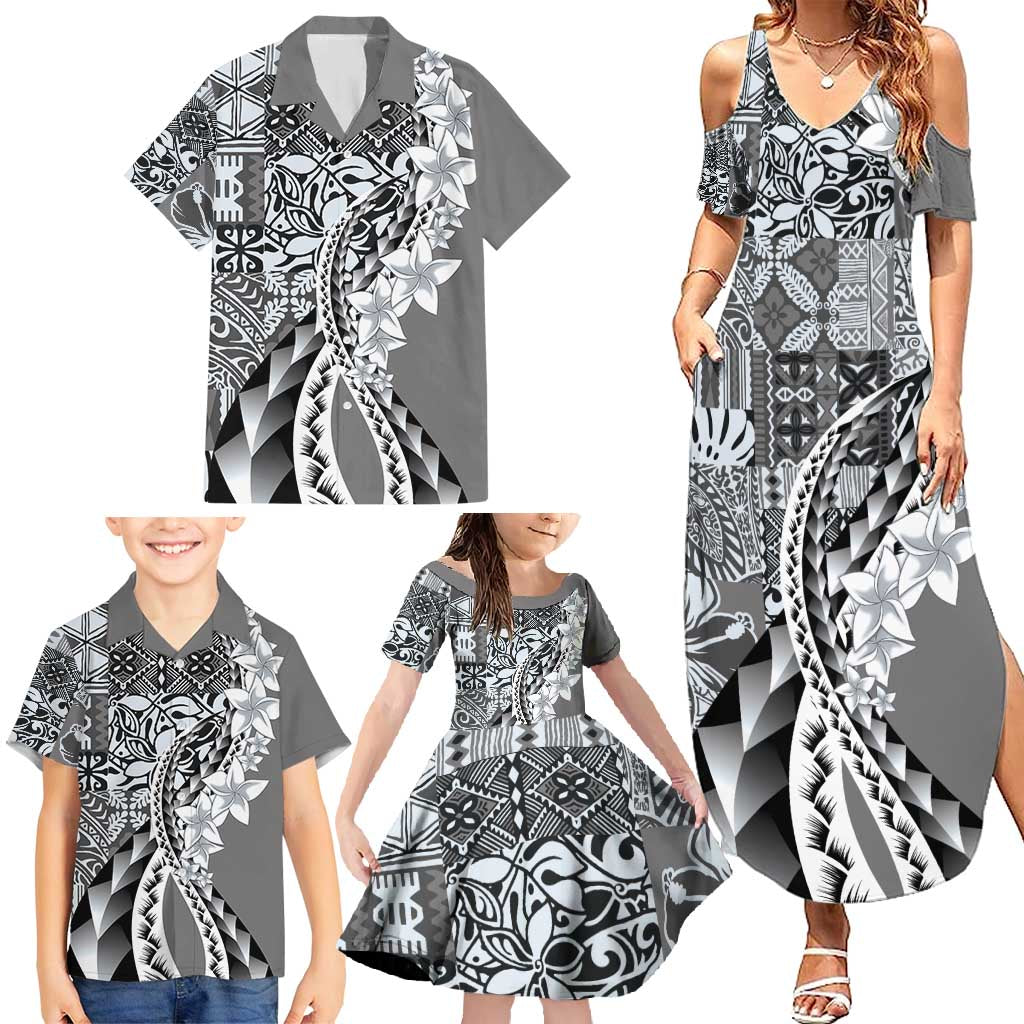 Aloha Vintage Plumeria Hawaiian Tapa Pattern Family Matching Summer Maxi Dress and Hawaiian Shirt Gray Hawaiian Tapa Pattern - Polynesian Pride