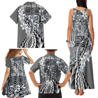 Aloha Vintage Plumeria Hawaiian Tapa Pattern Family Matching Tank Maxi Dress and Hawaiian Shirt Gray Hawaiian Tapa Pattern - Polynesian Pride