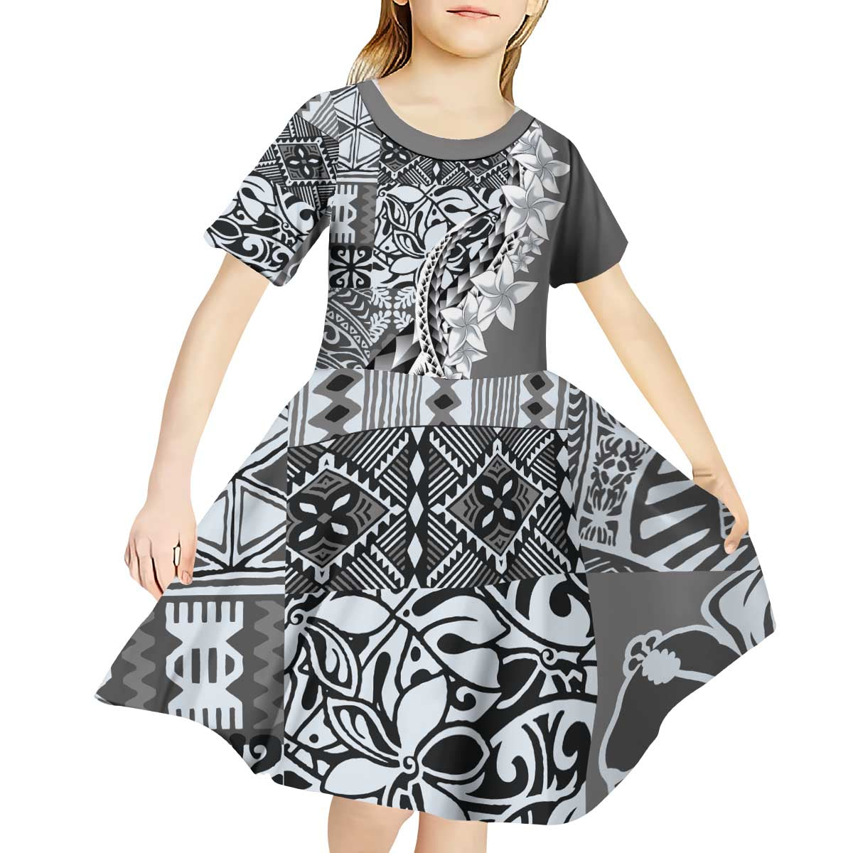Aloha Vintage Plumeria Hawaiian Tapa Pattern Kid Short Sleeve Dress Gray Hawaiian Tapa Pattern - Polynesian Pride