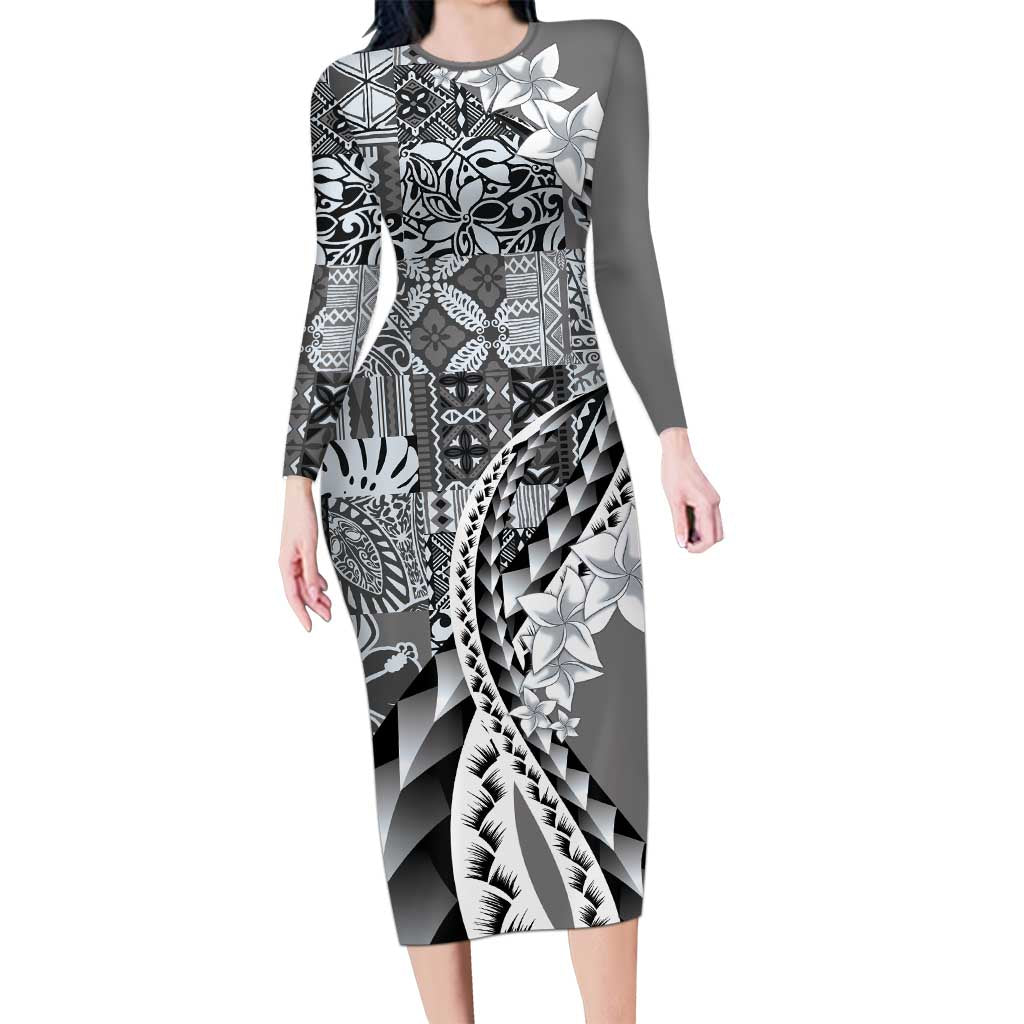 Aloha Vintage Plumeria Hawaiian Tapa Pattern Long Sleeve Bodycon Dress Gray Hawaiian Tapa Pattern - Polynesian Pride