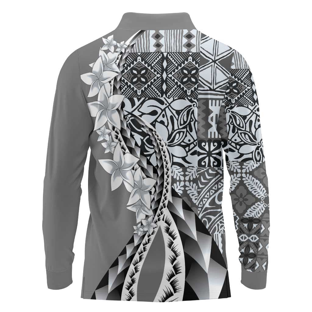 Aloha Vintage Plumeria Hawaiian Tapa Pattern Long Sleeve Polo Shirt Gray Hawaiian Tapa Pattern - Polynesian Pride