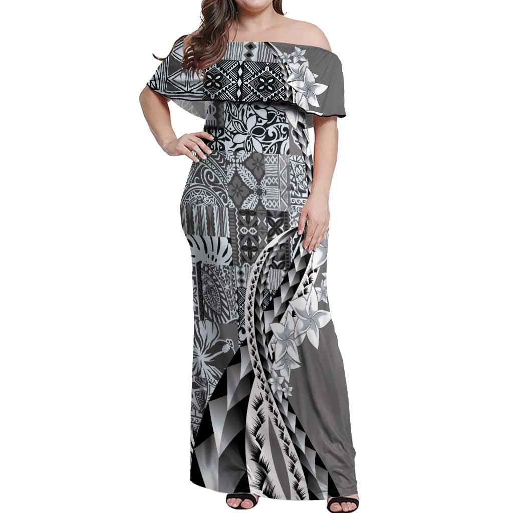 Aloha Vintage Plumeria Hawaiian Tapa Pattern Off Shoulder Maxi Dress Gray Hawaiian Tapa Pattern - Polynesian Pride