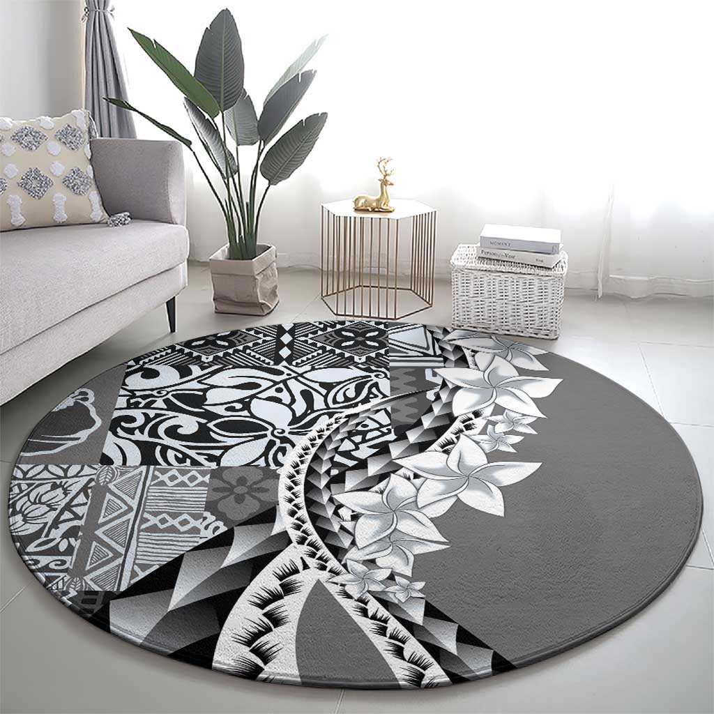 Aloha Vintage Plumeria Hawaiian Tapa Pattern Round Carpet Gray Hawaiian Tapa Pattern - Polynesian Pride