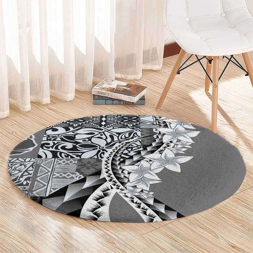 Aloha Vintage Plumeria Hawaiian Tapa Pattern Round Carpet Gray Hawaiian Tapa Pattern - Polynesian Pride