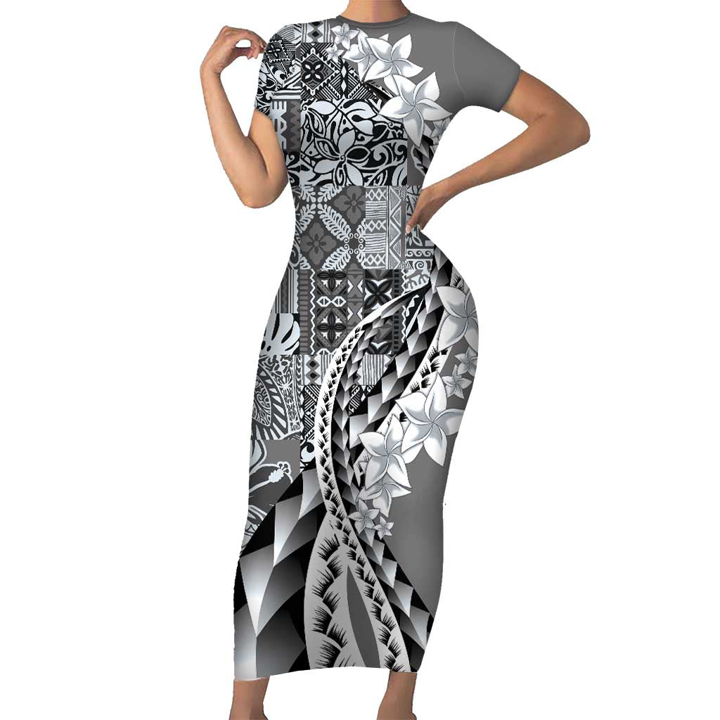 Aloha Vintage Plumeria Hawaiian Tapa Pattern Short Sleeve Bodycon Dress Gray Hawaiian Tapa Pattern - Polynesian Pride