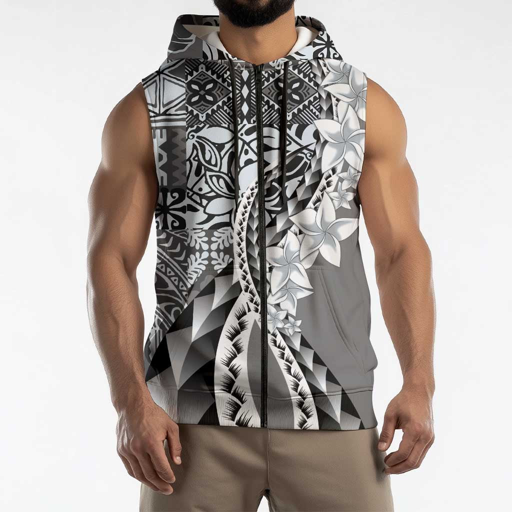 Aloha Vintage Plumeria Hawaiian Tapa Pattern Sleeveless Zip Hoodie Gray Hawaiian Tapa Pattern LT9