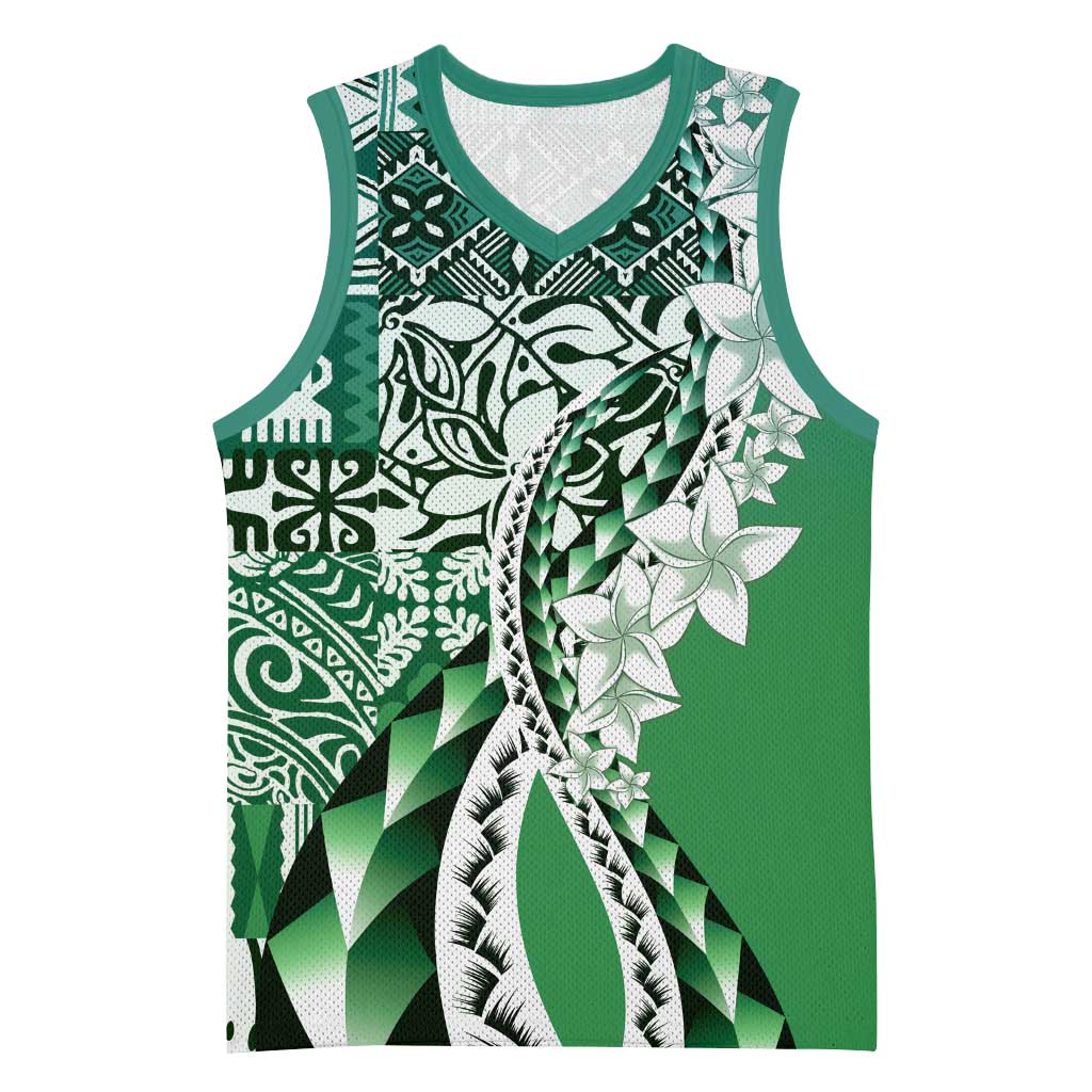 Aloha Vintage Plumeria Hawaiian Tapa Pattern Basketball Jersey Green Hawaiian Tapa Pattern - Polynesian Pride