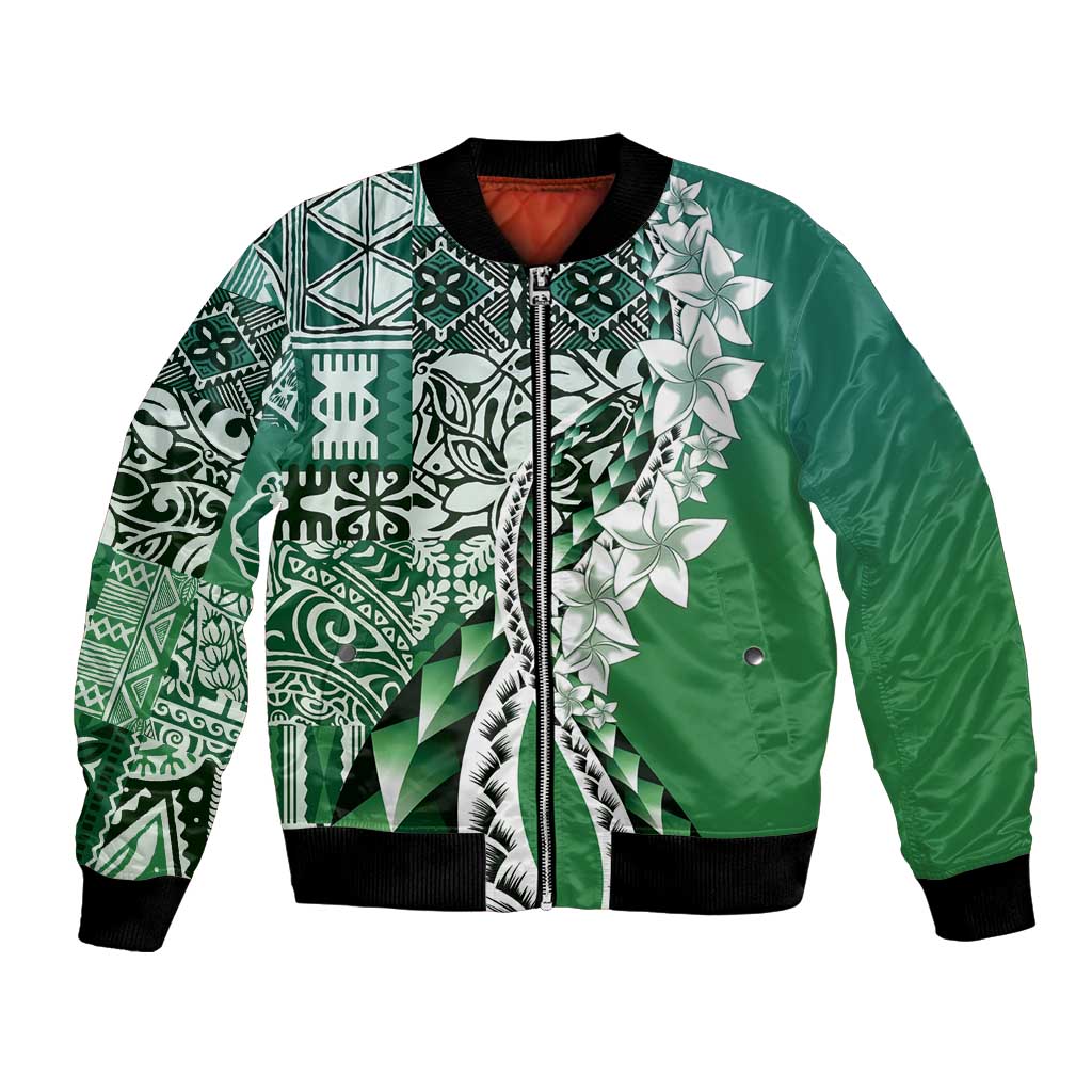 Aloha Vintage Plumeria Hawaiian Tapa Pattern Bomber Jacket Green Hawaiian Tapa Pattern - Polynesian Pride