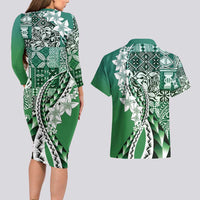 Aloha Vintage Plumeria Hawaiian Tapa Pattern Couples Matching Long Sleeve Bodycon Dress and Hawaiian Shirt Green Hawaiian Tapa Pattern - Polynesian Pride