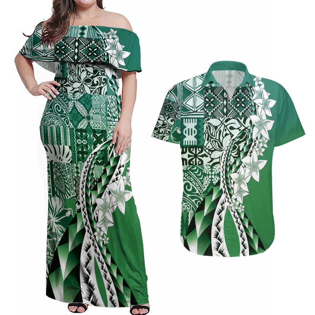Aloha Vintage Plumeria Hawaiian Tapa Pattern Couples Matching Off Shoulder Maxi Dress and Hawaiian Shirt Green Hawaiian Tapa Pattern - Polynesian Pride