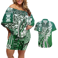 Aloha Vintage Plumeria Hawaiian Tapa Pattern Couples Matching Off Shoulder Short Dress and Hawaiian Shirt Green Hawaiian Tapa Pattern - Polynesian Pride