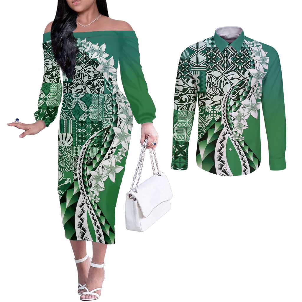 Aloha Vintage Plumeria Hawaiian Tapa Pattern Couples Matching Off The Shoulder Long Sleeve Dress and Long Sleeve Button Shirt Green Hawaiian Tapa Pattern - Polynesian Pride