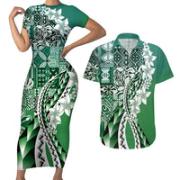 Aloha Vintage Plumeria Hawaiian Tapa Pattern Couples Matching Short Sleeve Bodycon Dress and Hawaiian Shirt Green Hawaiian Tapa Pattern - Polynesian Pride
