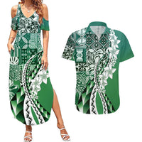 Aloha Vintage Plumeria Hawaiian Tapa Pattern Couples Matching Summer Maxi Dress and Hawaiian Shirt Green Hawaiian Tapa Pattern - Polynesian Pride