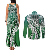 Aloha Vintage Plumeria Hawaiian Tapa Pattern Couples Matching Tank Maxi Dress and Long Sleeve Button Shirt Green Hawaiian Tapa Pattern - Polynesian Pride