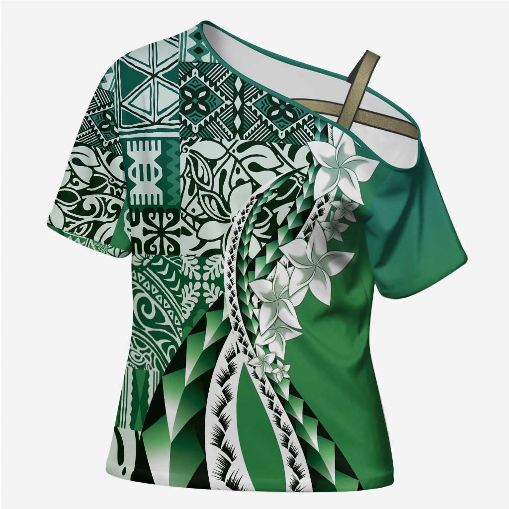Aloha Vintage Plumeria Hawaiian Tapa Pattern Cross Shoulder Shirt Green Hawaiian Tapa Pattern - Polynesian Pride