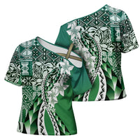 Aloha Vintage Plumeria Hawaiian Tapa Pattern Cross Shoulder Shirt Green Hawaiian Tapa Pattern - Polynesian Pride