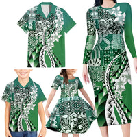 Aloha Vintage Plumeria Hawaiian Tapa Pattern Family Matching Long Sleeve Bodycon Dress and Hawaiian Shirt Green Hawaiian Tapa Pattern - Polynesian Pride