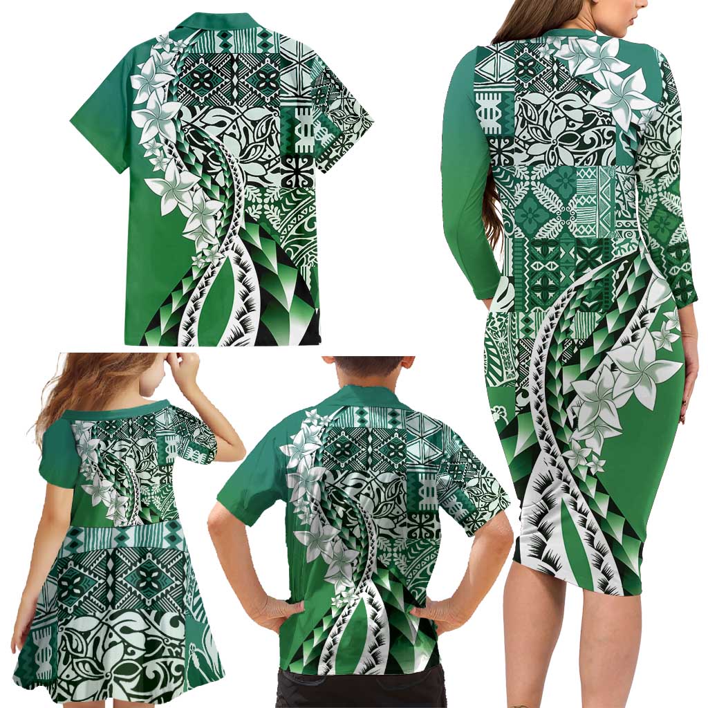Aloha Vintage Plumeria Hawaiian Tapa Pattern Family Matching Long Sleeve Bodycon Dress and Hawaiian Shirt Green Hawaiian Tapa Pattern - Polynesian Pride