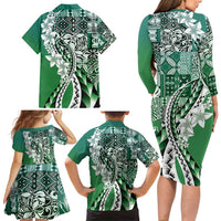 Aloha Vintage Plumeria Hawaiian Tapa Pattern Family Matching Long Sleeve Bodycon Dress and Hawaiian Shirt Green Hawaiian Tapa Pattern - Polynesian Pride